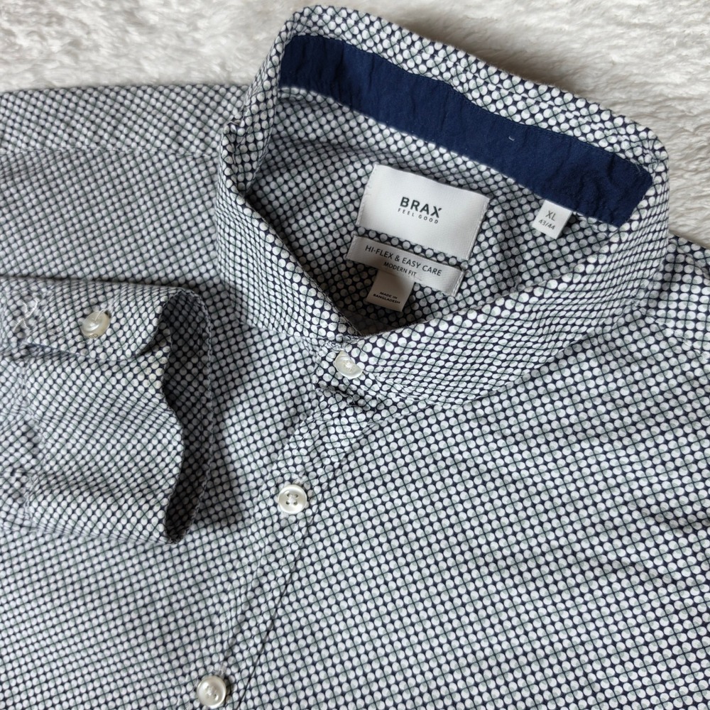Brax Harold P Mens XL Blue White Stretch L/S Geometric Dot Button Up Shirt